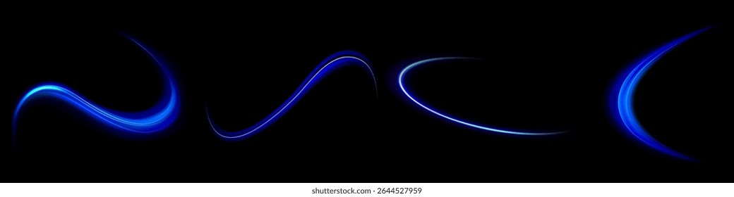 Fundo de vetor de efeito de linhas brilhantes e brilhantes azuis. Linhas brancas luminosas de velocidade. Efeito de brilho claro. Onda de rastro leve, linha de rastro de fogo e giro curva de incandescência.