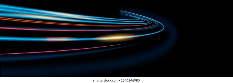 Fundo de vetor de efeito de linhas brilhantes e brilhantes azuis. Linhas brancas luminosas de velocidade. Efeito de brilho claro. Onda de rastro leve, linha de rastro de fogo e giro curva de incandescência.