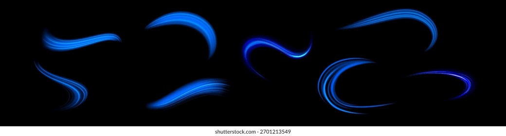 Fundo de vetor de efeito de linhas brilhantes e brilhantes azuis. Linhas brancas luminosas de velocidade. Efeito de brilho claro. Onda de rastro leve, linha de rastro de fogo e giro curva de incandescência.