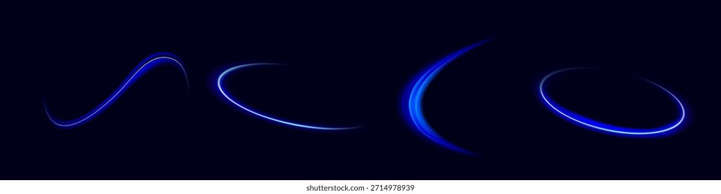 Blaue glänzende Linien wirken auf Vektorhintergrund. Hellweiße Geschwindigkeitslinien. Lichterglühender Effekt. Lichtspurwelle, Feuerwegspurlinie und Glühkurve drehen sich.