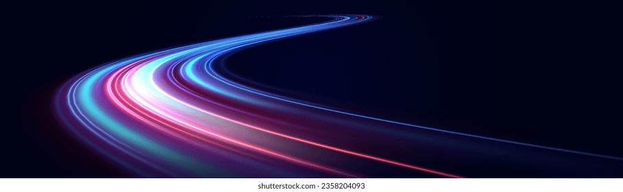 Líneas de velocidad brillantes azules efecto de fondo vectorial. Líneas de velocidad brillantes. Efecto luminoso. Ola ligera de senderos, línea de senda de tiro y rotación de curva de filamento.