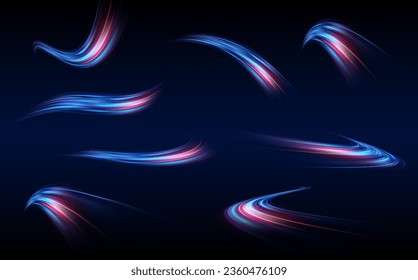 Líneas de velocidad brillantes azules efecto de fondo vectorial. Líneas de velocidad brillantes. Efecto luminoso. Ola ligera de senderos, línea de senda de tiro y rotación de curva de filamento.