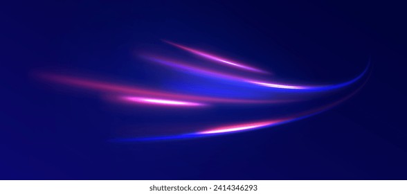 Líneas de velocidad brillantes azules efecto de fondo vectorial. Ola ligera de senderos, línea de senda de tiro y rotación de curva de filamento. La alta velocidad afecta a la borrosidad del movimiento. Senderos de la línea de luz de neón futurista. 
