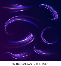Líneas de velocidad brillantes azules efecto de fondo vectorial. Ola ligera de senderos, línea de senda de tiro y rotación de curva de filamento. La alta velocidad afecta a la borrosidad del movimiento. Senderos de la línea de luz de neón futurista. 
