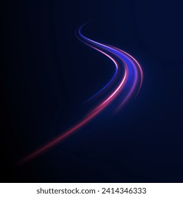 Blue glowing shiny speed lines effect vector background. Light trail wave, fire path trail line and filament curve rotation. High speed affect motion blur. Futuristic neon light line trails. 
