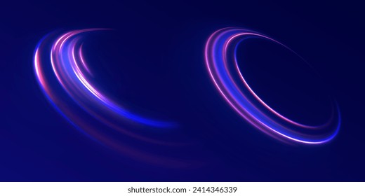 Blue glowing shiny speed lines effect vector background. Light trail wave, fire path trail line and filament curve rotation. High speed affect motion blur. Futuristic neon light line trails. 
