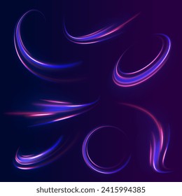 Blue glowing shiny speed lines effect vector background. Light trail wave, fire path trail line and filament curve rotation. High speed affect motion blur. Futuristic neon light line trails. 