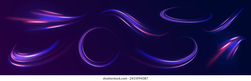 Blue glowing shiny speed lines effect vector background. Light trail wave, fire path trail line and filament curve rotation. High speed affect motion blur. Futuristic neon light line trails. 
