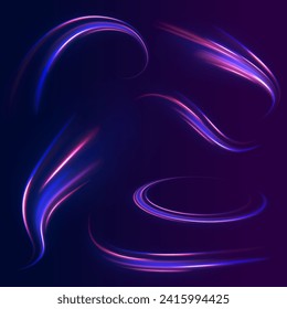 Blue glowing shiny speed lines effect vector background. Light trail wave, fire path trail line and filament curve rotation. High speed affect motion blur. Futuristic neon light line trails. 
