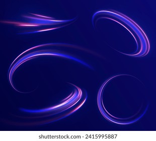Blue glowing shiny speed lines effect vector background. Light trail wave, fire path trail line and filament curve rotation. High speed affect motion blur. Futuristic neon light line trails. 
