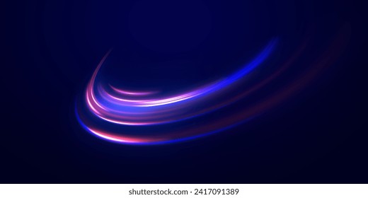 Blue glowing shiny speed lines effect vector background. Light trail wave, fire path trail line and filament curve rotation. High speed affect motion blur. Futuristic neon light line trails. 
