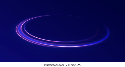 Blue glowing shiny speed lines effect vector background. Light trail wave, fire path trail line and filament curve rotation. High speed affect motion blur. Futuristic neon light line trails. 
