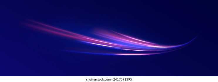 Blue glowing shiny speed lines effect vector background. Light trail wave, fire path trail line and filament curve rotation. High speed affect motion blur. Futuristic neon light line trails. 