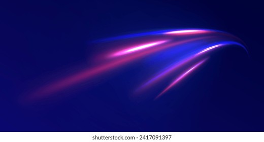 Líneas de velocidad brillantes azules efecto de fondo vectorial. Ola ligera de senderos, línea de senda de tiro y rotación de curva de filamento. La alta velocidad afecta a la borrosidad del movimiento. Senderos de la línea de luz de neón futurista. 