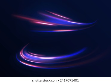 Blue glowing shiny speed lines effect vector background. Light trail wave, fire path trail line and filament curve rotation. High speed affect motion blur. Futuristic neon light line trails. 
