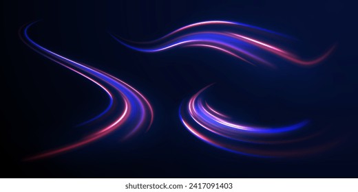 Líneas de velocidad brillantes azules efecto de fondo vectorial. Ola ligera de senderos, línea de senda de tiro y rotación de curva de filamento. La alta velocidad afecta a la borrosidad del movimiento. Senderos de la línea de luz de neón futurista. 