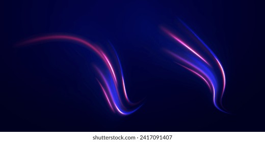 Blue glowing shiny speed lines effect vector background. Light trail wave, fire path trail line and filament curve rotation. High speed affect motion blur. Futuristic neon light line trails. 