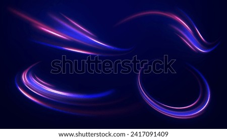 Blue glowing shiny speed lines effect vector background. Light trail wave, fire path trail line and filament curve rotation. High speed affect motion blur. Futuristic neon light line trails. 