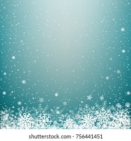 Blue glowing sky cloud snow background. Falling snowflakes azure backdrop. Christmas winter decoration design template
