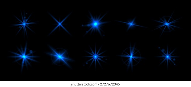 Blaues glitzerndes Set. Magische Sterne, funkelnde und funkelnde leuchtende Packung. Kollektion von leuchtenden Lichteffekten. Sternenstrahlen strahlen Sonnenelemente aus. Bündel von Navy-Beam oder Kaltstern-Bursts Vektorgrafik