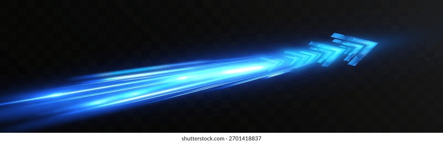 Blue glowing speed arrow light effect, fast motion neon lines, futuristic technology direction, abstract energy flow background.