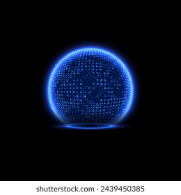 Blue glowing sphere shield, vector illustration isolated on black background. Decorative design element, future technologies, protection barrier, bubble shield