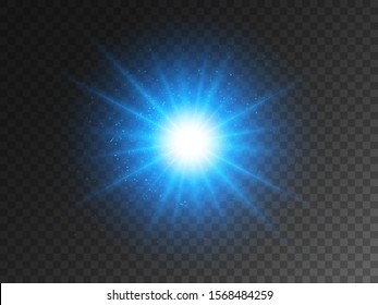 Blue glowing star on transparent backdrop. Christmas light effect with magic particles. Bright glitter and glare. Magical explosion and stardust. Big energy flash. Vector illustration.