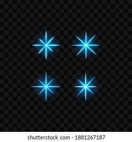 Blue glowing stars, isolated on transparent background, vector illustration.
