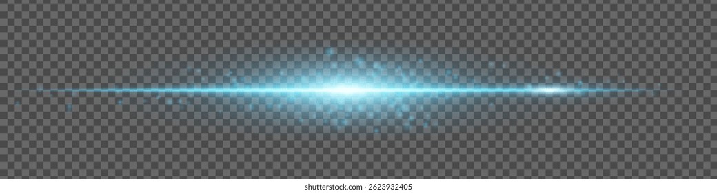 Blue glowing streak with energy particles on transparent background. Futuristic light beam effect for digital visuals.
