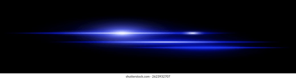 Blue glowing streaks with flare effect on black background. Perfect for high-speed light visuals, energy waves, sci-fi designs, neon transitions, digital focus points, modern interface.