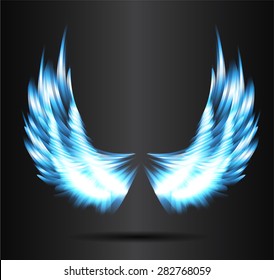 blue glowing, stylized angel wings on a black background. vector