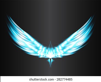 blue glowing, stylized angel wings on a black background. vector