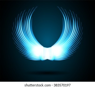 blue glowing, stylized angel wings on a black background. vector