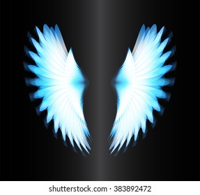 blue glowing, stylized angel wings on a black background. vector