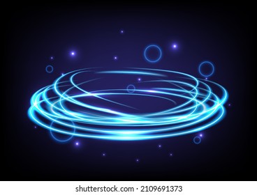 Blue glowing swirl light effect. Magic abstract frame. Power energy of circular element. Luminous sci-fi. Shining neon lights cosmic. Futuristic swirl universe trail effect