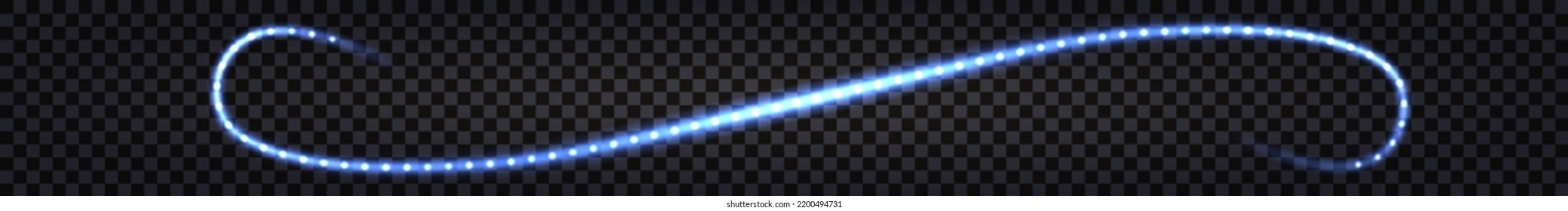 Blue glowing swirl wave swoosh. Neon light effect, sparkles and  shiny trail. Electric impulse, dynamic twirl. Cyber futuristic design element isolated, vector illustration