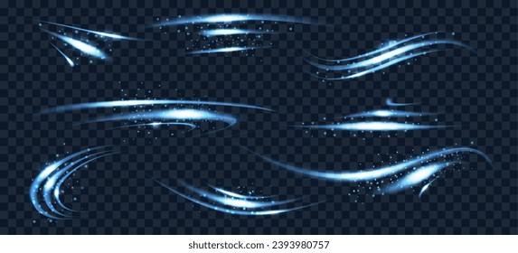 Blauleuchtende Swoosh-Linien. Mystical wind leuchten Linien mit hellglühendem Sternenstaub auf transparentem Hintergrund