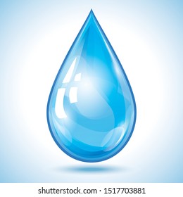 Blue glowing transparent 3d water drop isolated on white background. Nature object, design element for icon or logo. Graphic design. Vector illustration