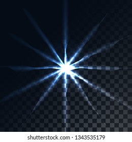 Blue glowing transparent sunbeam, flash, a highlight of energy rays, a star on a translucent dark in a checkered black background from squares. Vector illustration.