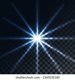 Blue glowing transparent sunbeam, flash, a highlight of energy rays, a star on a translucent dark in a checkered black background from squares. Vector illustration.