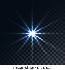 Blue glowing transparent sunbeam, flash, a highlight of energy rays, a star on a translucent dark in a checkered black background from squares. Vector illustration.