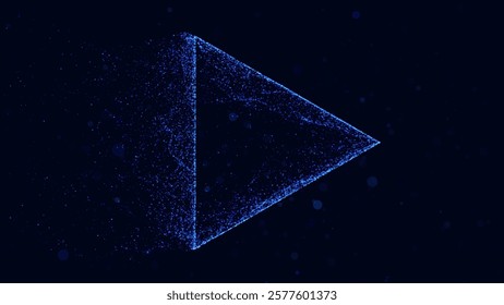 Blue Glowing Triangle Play Icon Made of Particles. Particles Dissolving Dust and Sand Window Flow Effect. Magic Triangle Frame Effect. Vector Illustration.