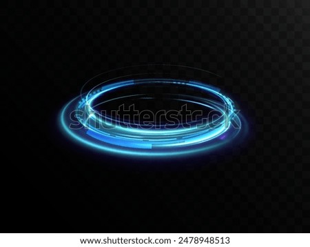 Blue glowing Twirl. Abstract light portal. Glowing special effect for game design. Futuristic neon pedestal, podium, platform. Vector PNG. For web design