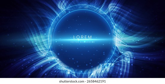 Líneas de onda brillantes azules con efecto de iluminación circular y brillo sobre fondo azul oscuro. Concepto futurista de la Tecnología. Ilustración vectorial