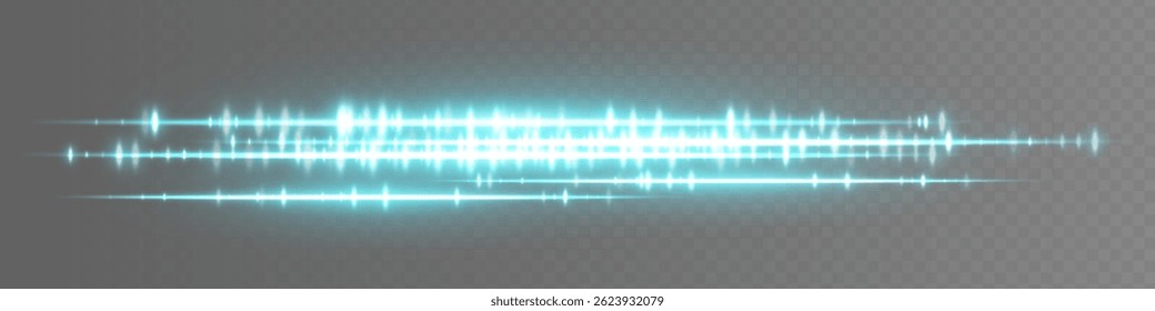 Blue glowing waveform on transparent background with symmetrical audio lines and spark-like peaks. Great for sound effect design, media playback or music interface elements.