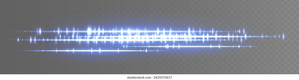 Blue glowing waveform on transparent background with symmetrical audio lines and spark-like peaks. Great for sound effect design, media playback or music interface elements.