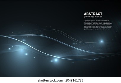 Blue glowing waves, abstract neon lines on a dark background. Abstract bright waves with glowing sparks and dots.