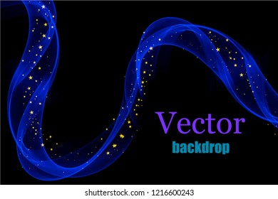 Blue glowing waves with shiny golden glitters on black background. Abstract festive vector illustration. Backdrop for invitation and greeting cards, print, leaflets, web design. Copy space