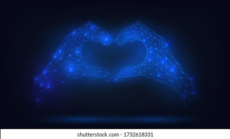 Blue glowing wireframe hands folded heart from fingers, gesture of friendship and love