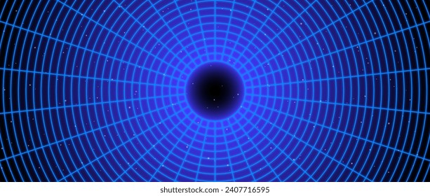 Blue glowing wireframe tunnel. Neon wormhole in dark space with stars. Grid tunnel in perspective. Funnel or portal illusion. Circular mesh structure tube. Vector optical illusion art